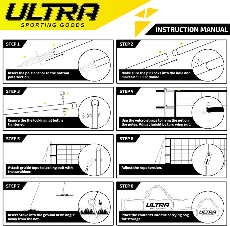Ultra Sporting Goods Volleyball Net for Backyard, Includes 32x3 Ft Beach Volleyball Net with Poles, 8.5-Inch PU Volley Ball, Bag & Pump, Portable Net for Outdoor or Home Use, Complete Set - Image 3
